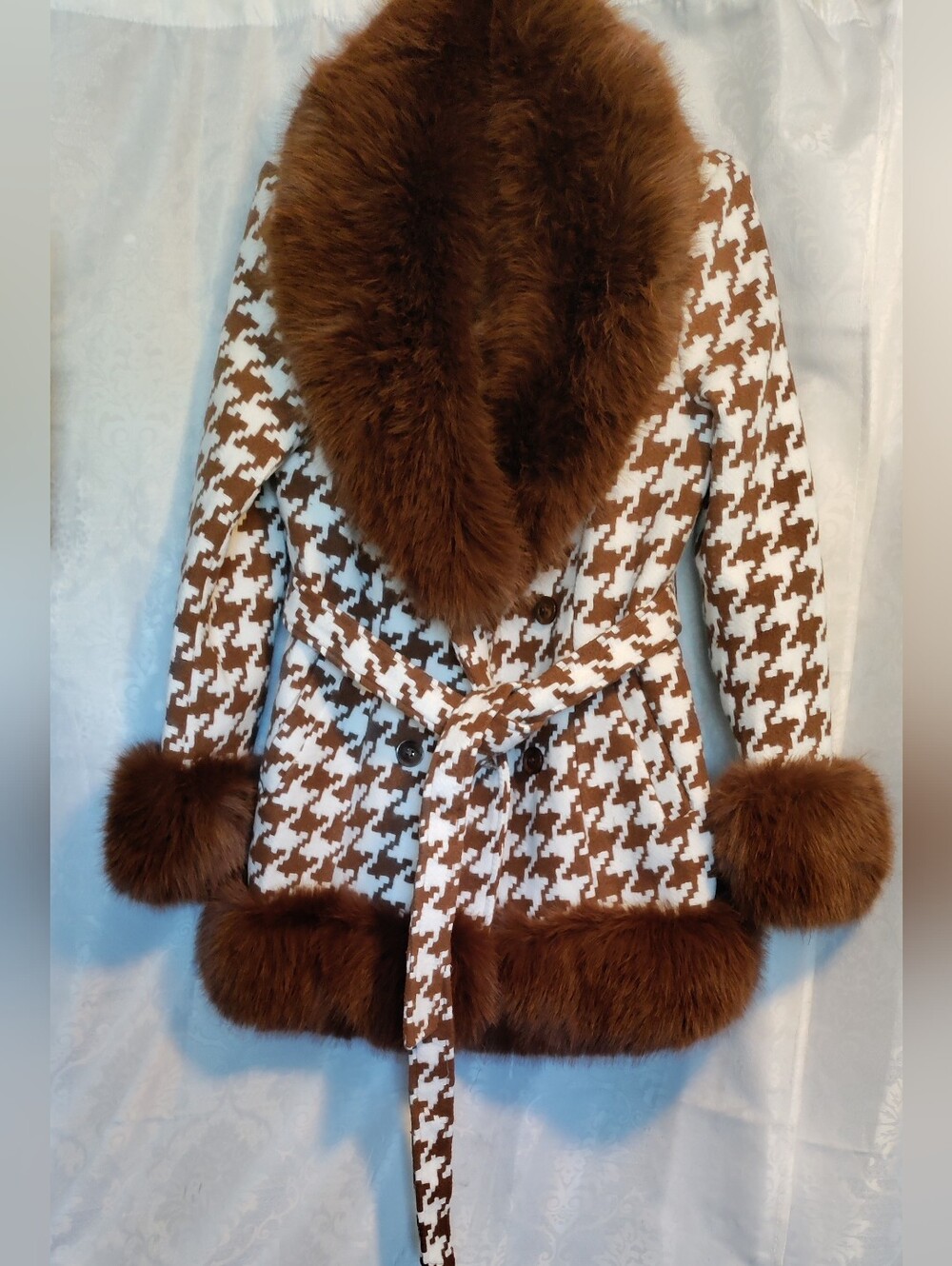 Coalition The Jacket Company Brown & White Houndstooth Faux Fur Trim Coat Size M
